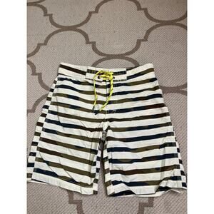 Crewcuts Boys Striped Swim Trunks in White, Navy & Brown with Yellow Drawstring